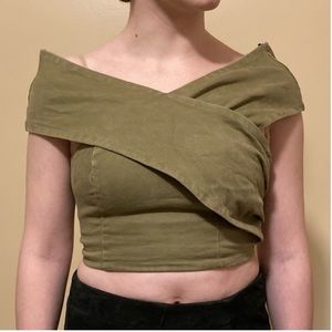 J.O.A. Olive Green Asymmetrical Zip Up Crop Top, Size Small